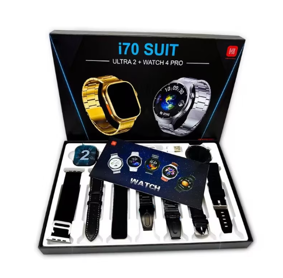 Set 9 in 1 cu 2 ceasuri smart i70 SUIT, 49mm ULTRA 2 + WATCH 4 PRO cu ecran rotund + 7 curele negre, cabluri de incarcare magnetice