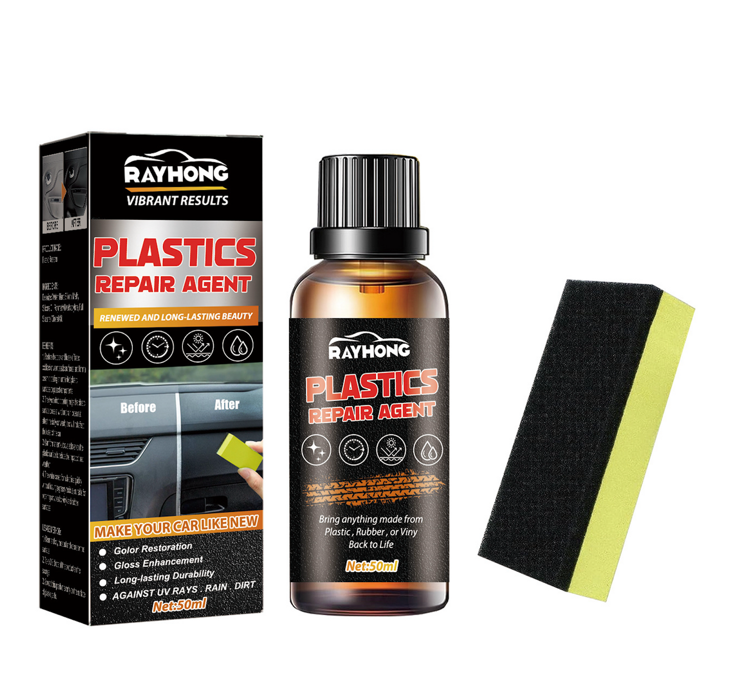 Agent De Restaurare Plastic, Cauciuc Si Vinil, Pe Baza De Nano Silicon Lichid, Solutie Rapida Pentru Detaling Auto, Reconditionare / Curatare Interior Masina, Aplicator Inclus, 50 ML