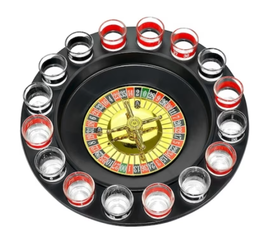 Joc ruleta cu shot-uri, diametru 30 cm, 16 pahare din sticla, capacitate 25 ml