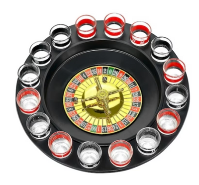 Joc ruleta cu shot-uri, diametru 30 cm, 16 pahare din sticla, capacitate 25 ml