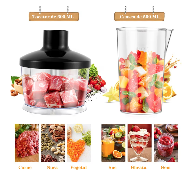 Blender de mana 4 in 1, 400W, 2 viteze, Functie turbo, Cana 500 ml, Tocator 600 ml